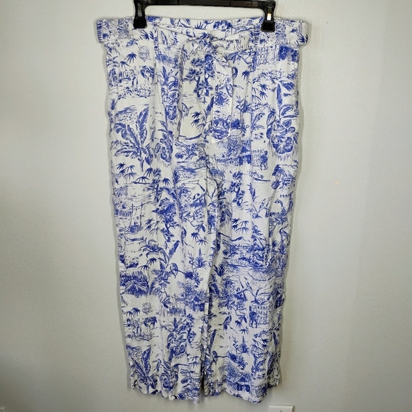 Joie Linen Wide Leg Belted Pants White Blue Tropical Beachy Coastal Size XL - Picture 1 of 14